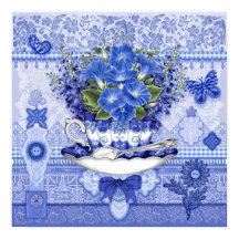 Blauwe porseleinen kop en bloemen 16 x 16