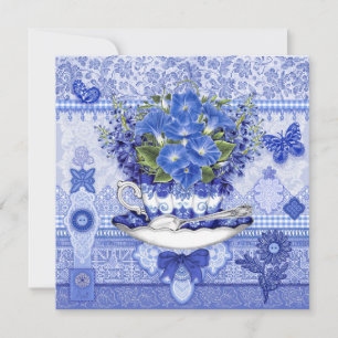 Blauwe Porseleinen Kop en Bloemen Kaart