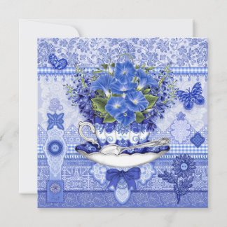 Blauwe Porseleinen Kop en Bloemen Kaart