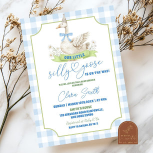 Blauwe Preppy Dwaze Gans Babyshower Uitnodiging