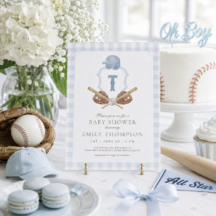 Blauwe Preppy Honkbal Crest Baby Shower Uitnodigin Bedankkaart