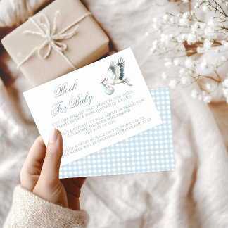 Blauwe Preppy Ooievaar Boek Voor Baby Shower RSVP Kaartje