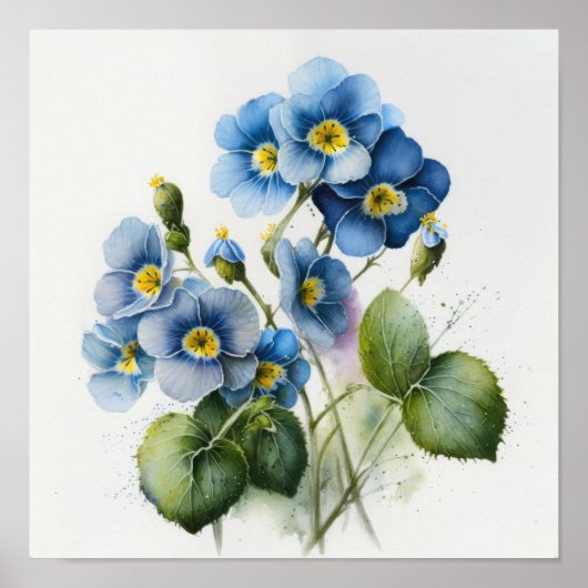 Blauwe Primrose Bloemen Art Print Poster (Voorkant)