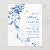 Blauwe QR code bloemenbudget bruiloft uitnodiging (Voorkant)