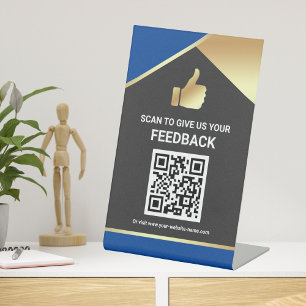 Blauwe QR-code Klantfeedback Review Tafelbord Reclamebord Met Voetstuk