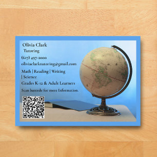 Blauwe QR-code tutor leraar wereldbol & boek klasl Visitekaartje
