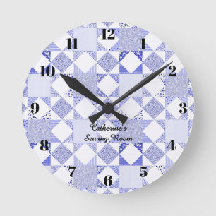 Blauwe quiltklok naaikamer quilt decoratie ronde klok
