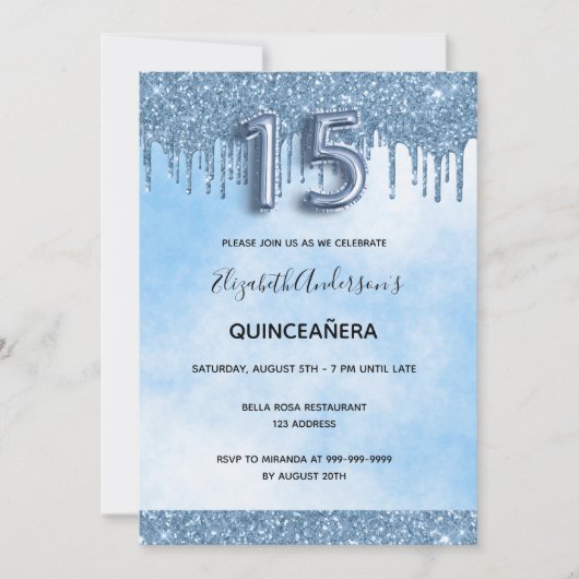 Blauwe quinceanera glitter elegant luxueus kaart (Voorkant)