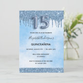 Blauwe quinceanera glitter elegant luxueus kaart (Staand voorkant)