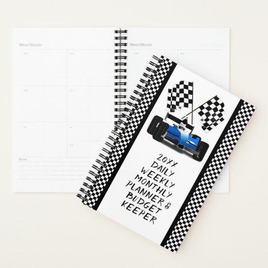 Blauwe Race auto geruite vlag Planner (Display)