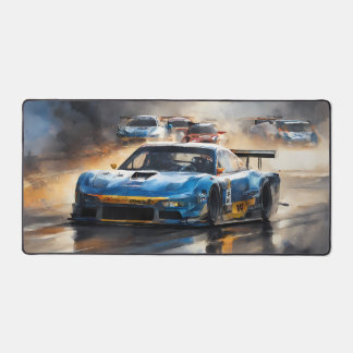 Blauwe race auto met de zon opkomt bureaumat