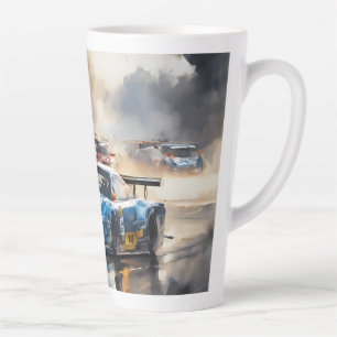 Blauwe race auto met de zon opkomt latte mok