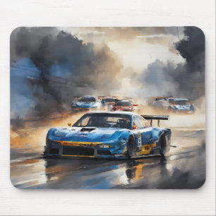Blauwe race auto met de zon opkomt muismat