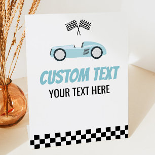 Blauwe Race Auto Racecar Custom Text Party Reclamebord Met Voetstuk