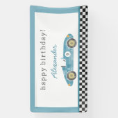 Blauwe race auto verjaardag spandoek (Verticaal)