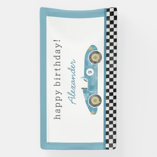 Blauwe race auto verjaardag spandoek (Verticaal)