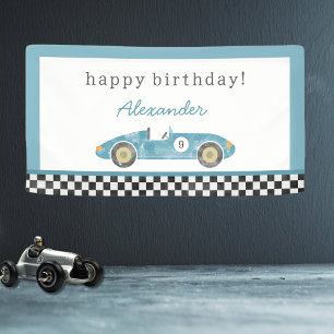 Blauwe race auto verjaardag spandoek