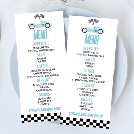 Blauwe Race Auto Verjaardagsfeestje Voedsel Menu