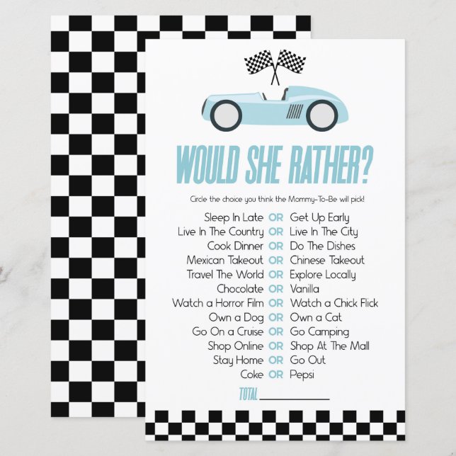 Blauwe race auto wil ze liever Baby shower spel (Voorkant / Achterkant)