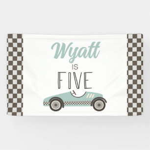 Blauwe raceauto 5e verjaardagsbanner spandoek