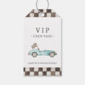 Blauwe raceauto grappig cadeaulabel (Voorkant)