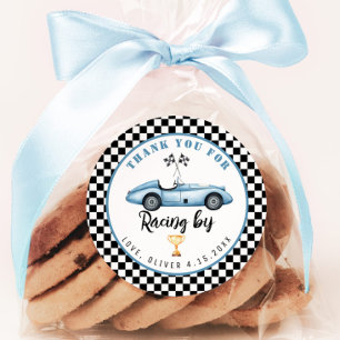 Blauwe raceauto Jongens verjaardag Bedankt voor he Ronde Sticker