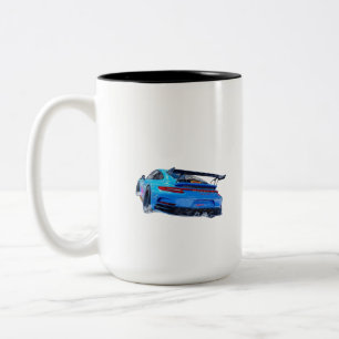 Blauwe raceauto tweekleurige koffiemok