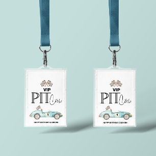 Blauwe raceauto verjaardag, elke leeftijd, VIP PIT Badge
