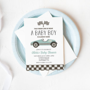 blauwe raceautobaby shower kaart