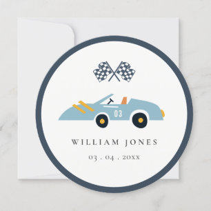 Blauwe raceautokinderen verjaardag cupcake topper kaart