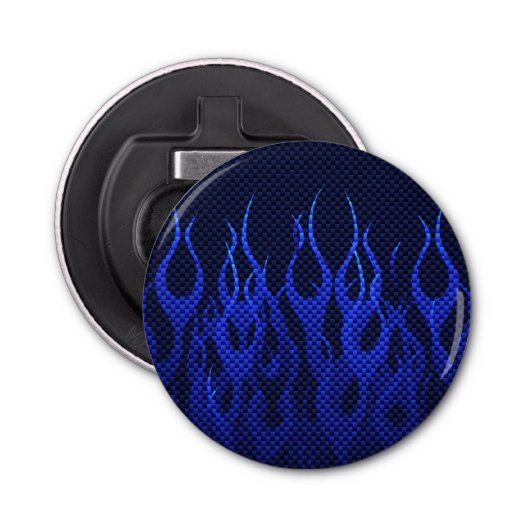 Blauwe Raceflames op Carbon Fiber Print Button Flesopener (Voorkant)