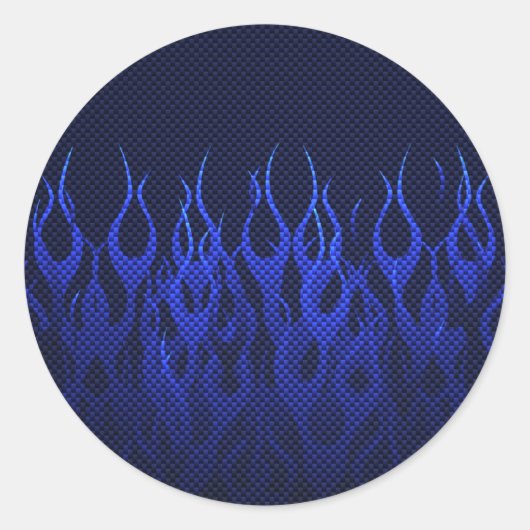 Blauwe Raceflames op Carbon Fiber Print Ronde Sticker (Voorkant)