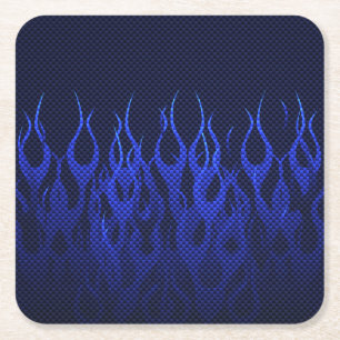 Blauwe Raceflames op Carbon Fiber Print Vierkante Kartonnen Onderzetter