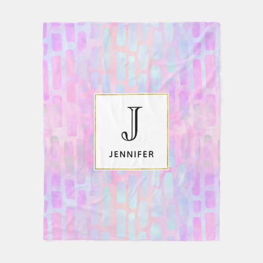 Blauwe rechthoekvormen op roze achtergrondmonogram fleece deken (Voorkant)