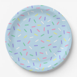 Blauwe regenboog strooit confetti leuk kleurrijk papieren bordje
