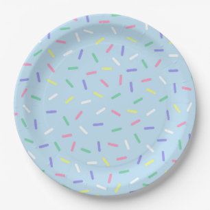 Blauwe regenboog strooit confetti leuk kleurrijk papieren bordje