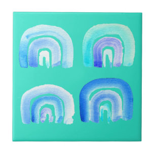 Blauwe regenboogretro turquoise tegeltje