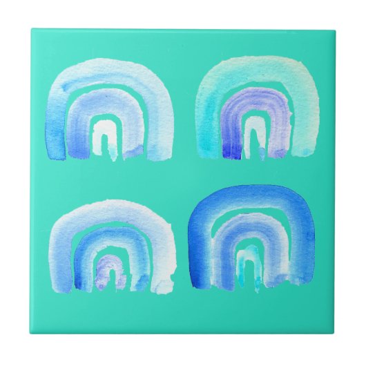 Blauwe regenboogretro turquoise tegeltje (Voorkant)