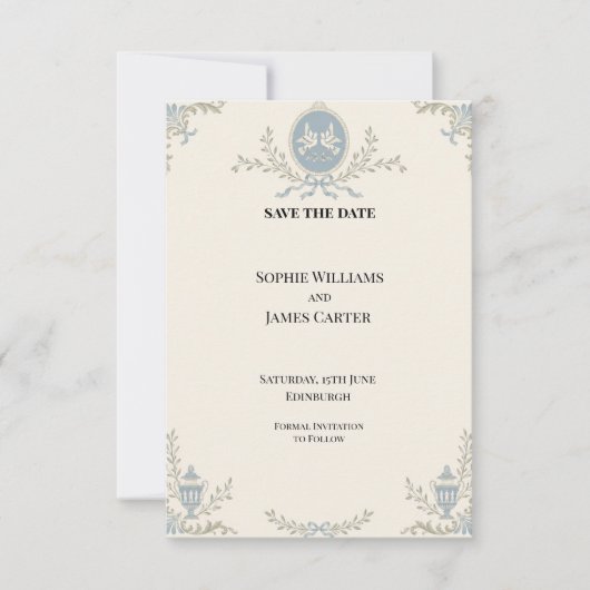 Blauwe Regency Cameo Bruiloft Save The Date (Voorkant)