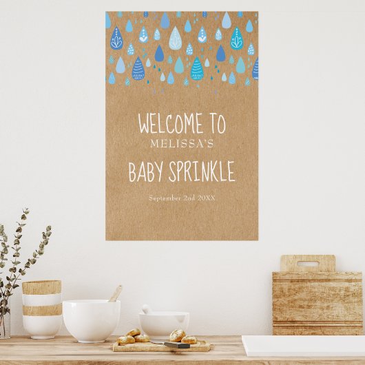 Blauwe regendruppels Baby Sprinkle / Shower Welkom Poster (Keuken)