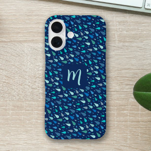 Blauwe regendruppels custom monogram iPhone 16 hoesje