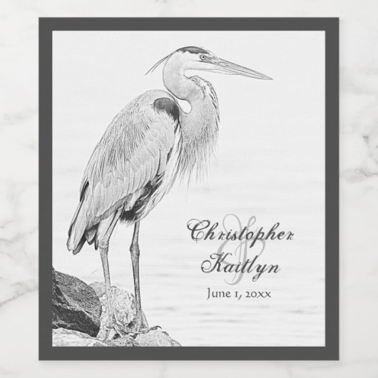 Blauwe reiger en rotsen, Water Vogel Schets Bruilo Wijn Etiket (Enkel label)