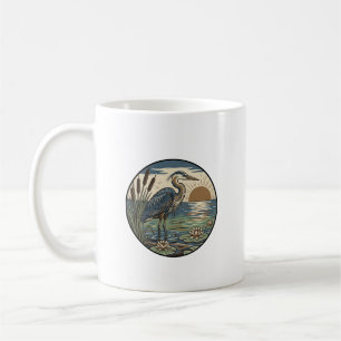 Blauwe Reiger Zonsondergang Moeras Houtsnede Kunst Koffiemok
