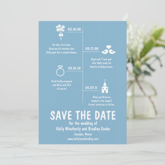 Blauwe Relatie tijdlijn Weddenschap Opslaan Datum Save The Date (Staand voorkant)
