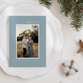 Blauwe Retro Boho minimalistische brief en foto Feestdagenkaart