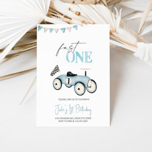 Blauwe Retro Race Auto Ride-On Verjaardag Uitnodig Kaart