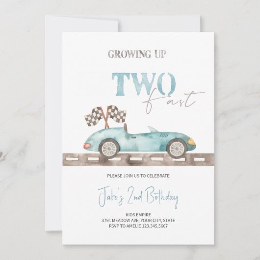 Blauwe Retro Race Auto Verjaardag Uitnodiging (Voorkant)