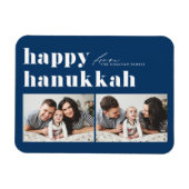 Blauwe Retro Typografie Happy Chanoeka Twee Foto Magneet (Horizontaal)