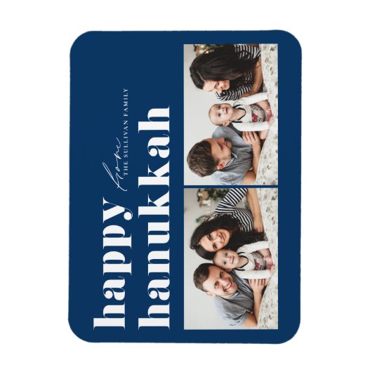 Blauwe Retro Typografie Happy Chanoeka Twee Foto Magneet (Verticaal)