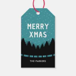 Blauwe retro Vrolijke Kerstmis met pijnbomen en sn Cadeaulabel